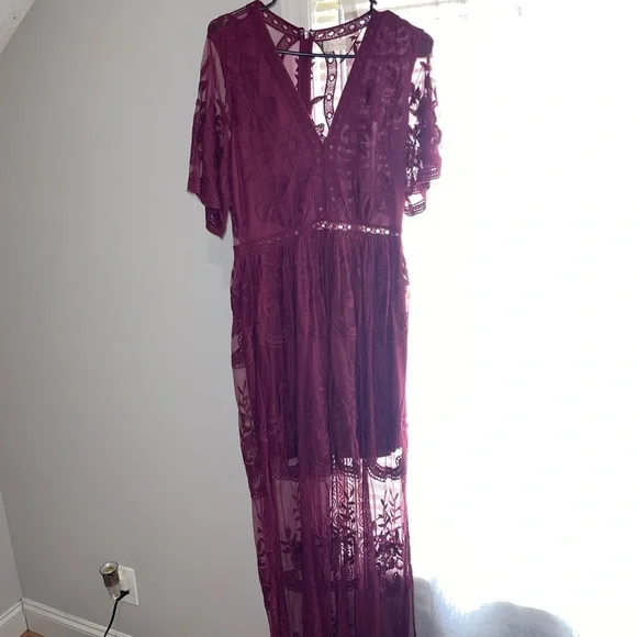 purple lace bridesmaid dresses Eulalia Cowl Backless Floor Length Floral Lace Bridesmaid Dress, Wisteria